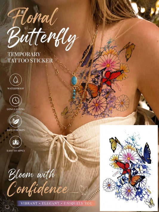 Colorful Butterfly Floral Watercolor Tattoo Sticker