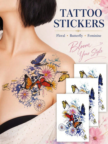 Colorful Butterfly Floral Watercolor Tattoo Sticker