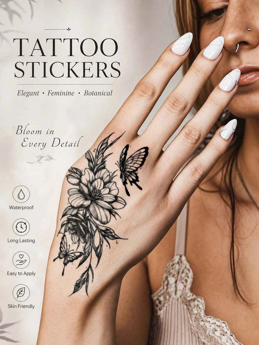 Black Butterfly Floral Tattoo Sticker IV