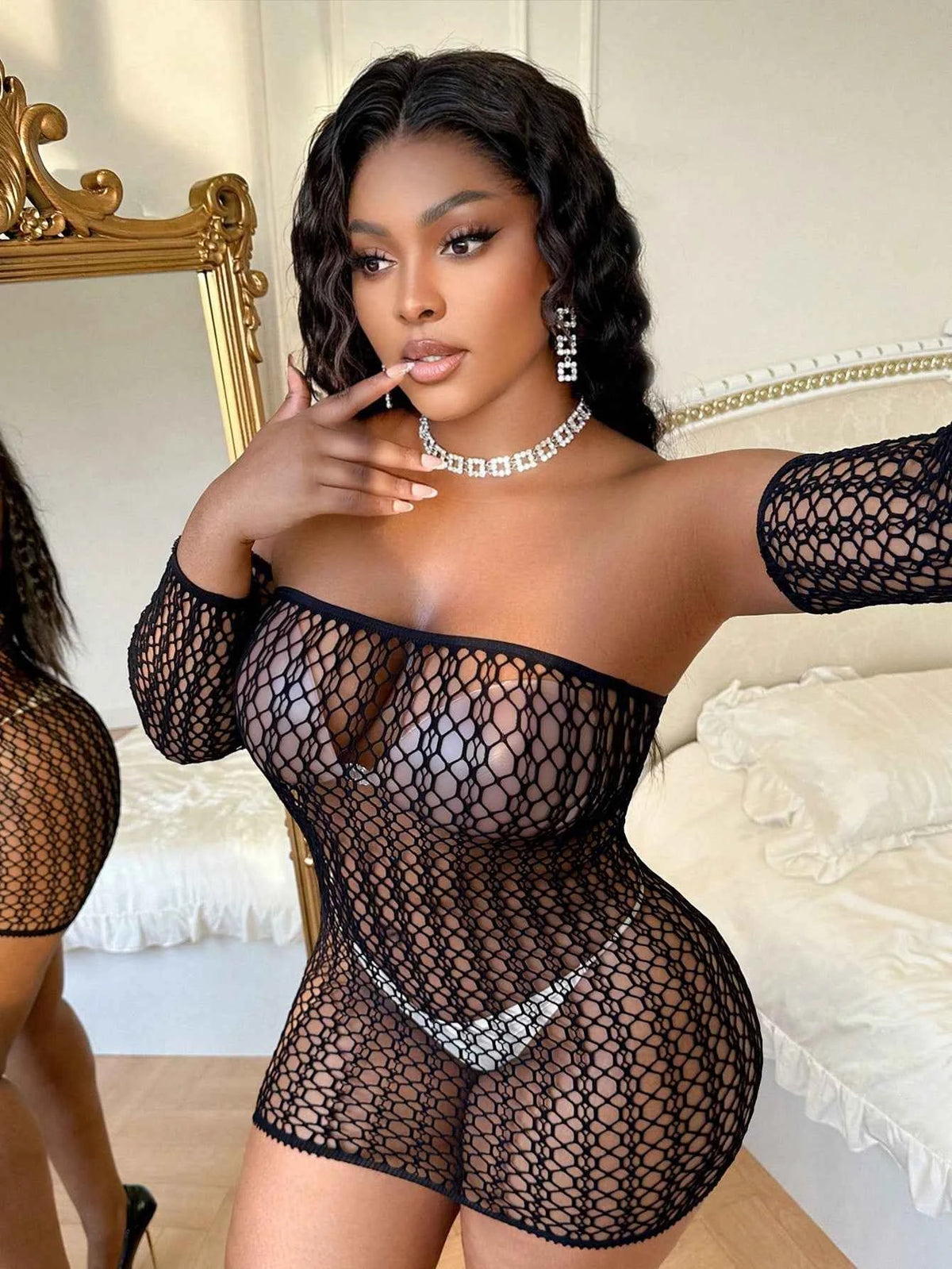 Plus Size Fishnet Bandeau Mini Skirt Set