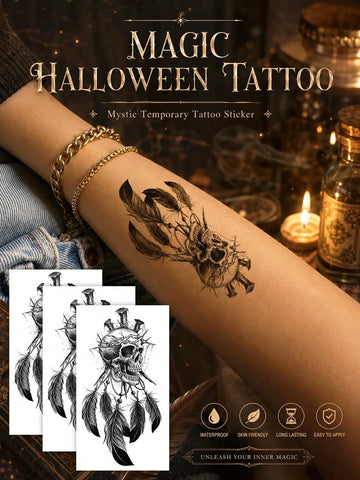 Halloween Skull Feather Tattoo Sticker