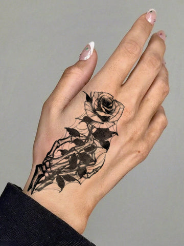 Skull Holding Rose Gothic Tattoo Sticker