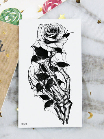 Skull Holding Rose Gothic Tattoo Sticker