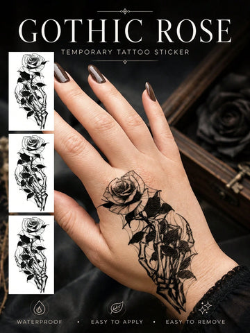 Skull Holding Rose Gothic Tattoo Sticker