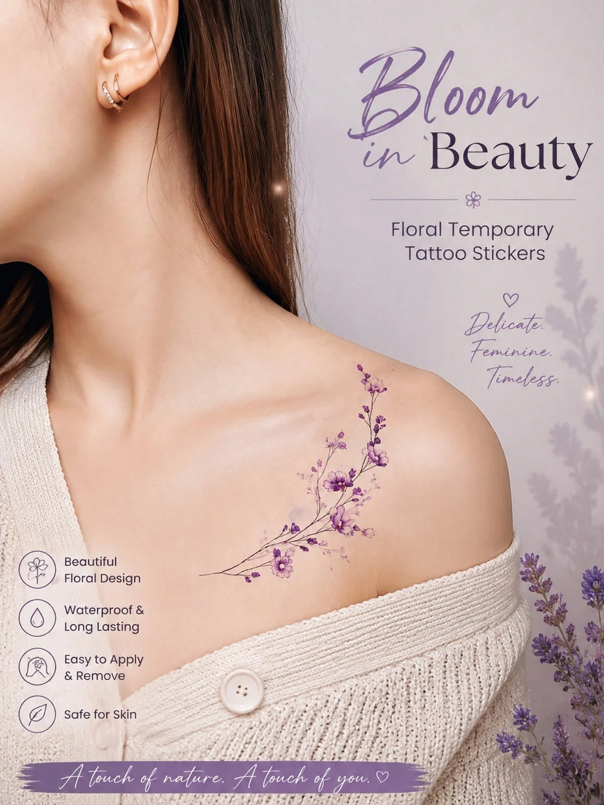 Lavender Floral Branch Tattoo Sticker