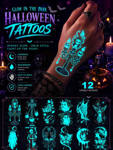 Glow-in-Dark Halloween Ghost Skull Tattoo Set