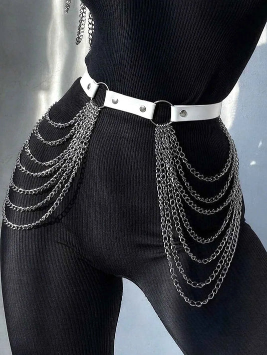 White Leather Belt Metal Chain Tassel