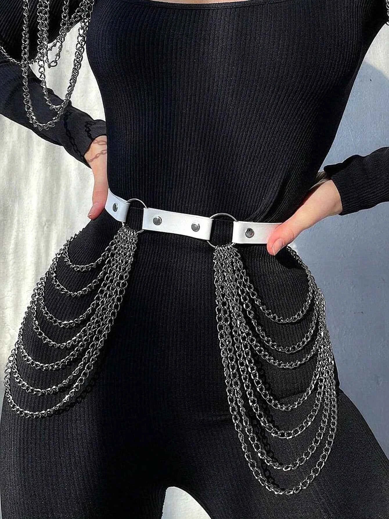 White Leather Belt Metal Chain Tassel