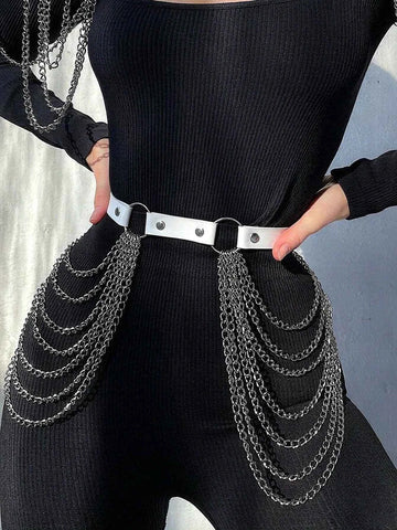 White Leather Belt Metal Chain Tassel
