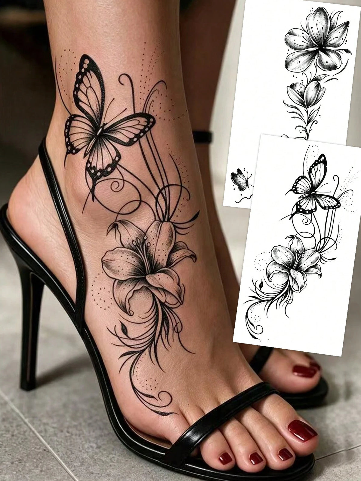 Black Lily Butterfly Tattoo Set
