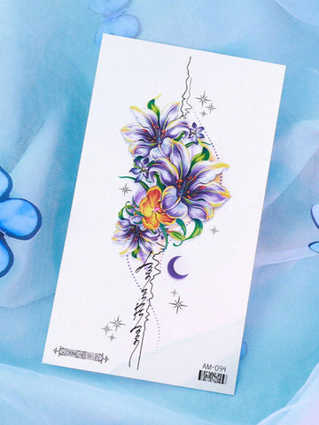 Colorful Lily Flower Moon Star Tattoo Sticker