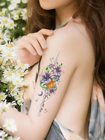 Colorful Lily Flower Moon Star Tattoo Sticker