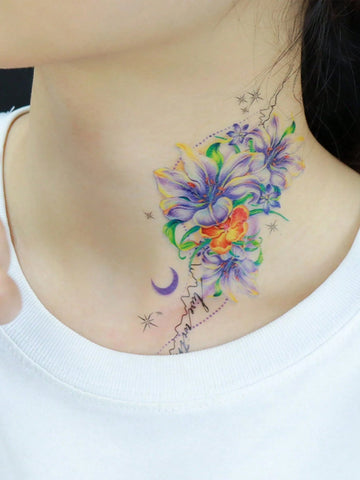 Colorful Lily Flower Moon Star Tattoo Sticker