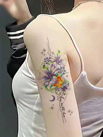 Colorful Lily Flower Moon Star Tattoo Sticker