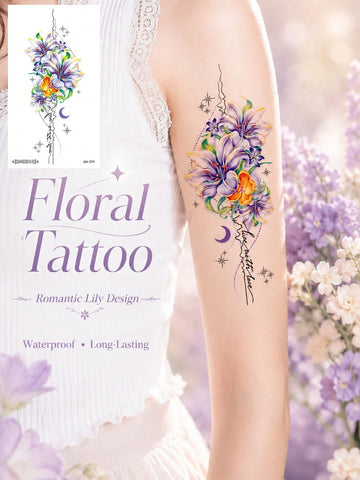 Colorful Lily Flower Moon Star Tattoo Sticker