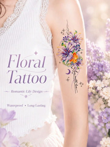 Colorful Lily Flower Moon Star Tattoo Sticker