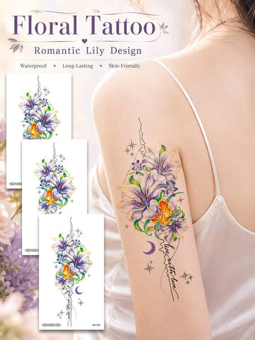 Colorful Lily Flower Moon Star Tattoo Sticker