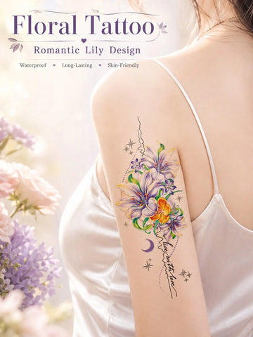 Colorful Lily Flower Moon Star Tattoo Sticker