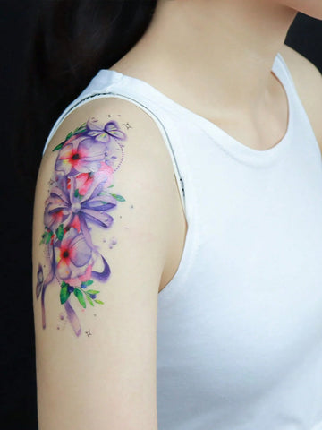 Purple Floral Butterfly Ribbon Tattoo Sticker