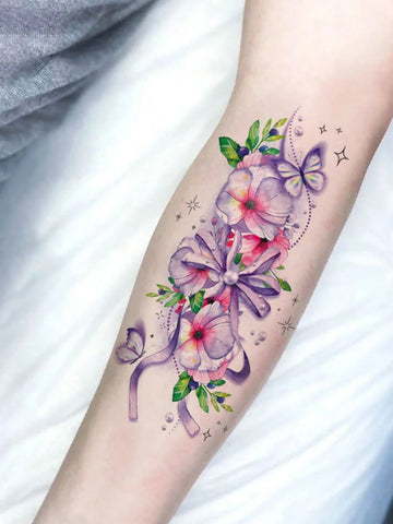 Purple Floral Butterfly Ribbon Tattoo Sticker