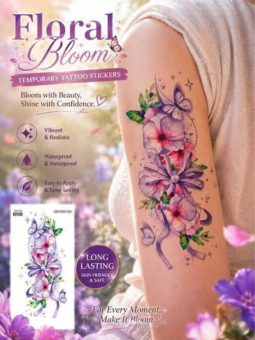 Purple Floral Butterfly Ribbon Tattoo Sticker