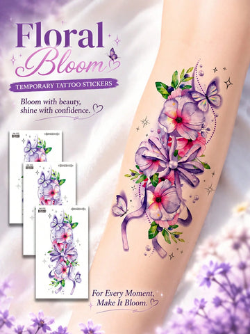 Purple Floral Butterfly Ribbon Tattoo Sticker