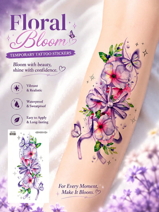 Purple Floral Butterfly Ribbon Tattoo Sticker