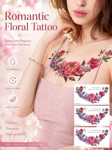 Peony Floral Dragonfly Tattoo Sticker
