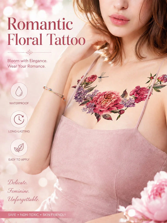 Peony Floral Dragonfly Tattoo Sticker