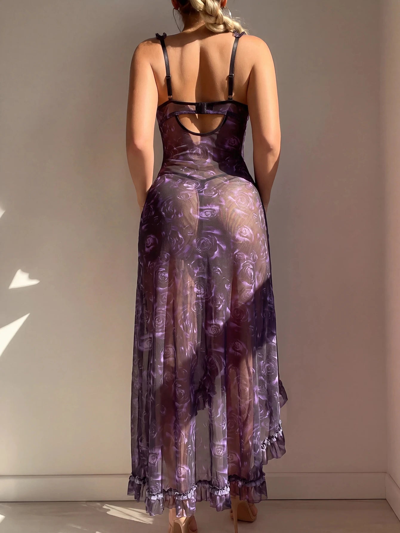 2pc Romantic Floral Print Ruffle High Slit Nightie Set - TFI Lingerie Pakistan - Image 2
