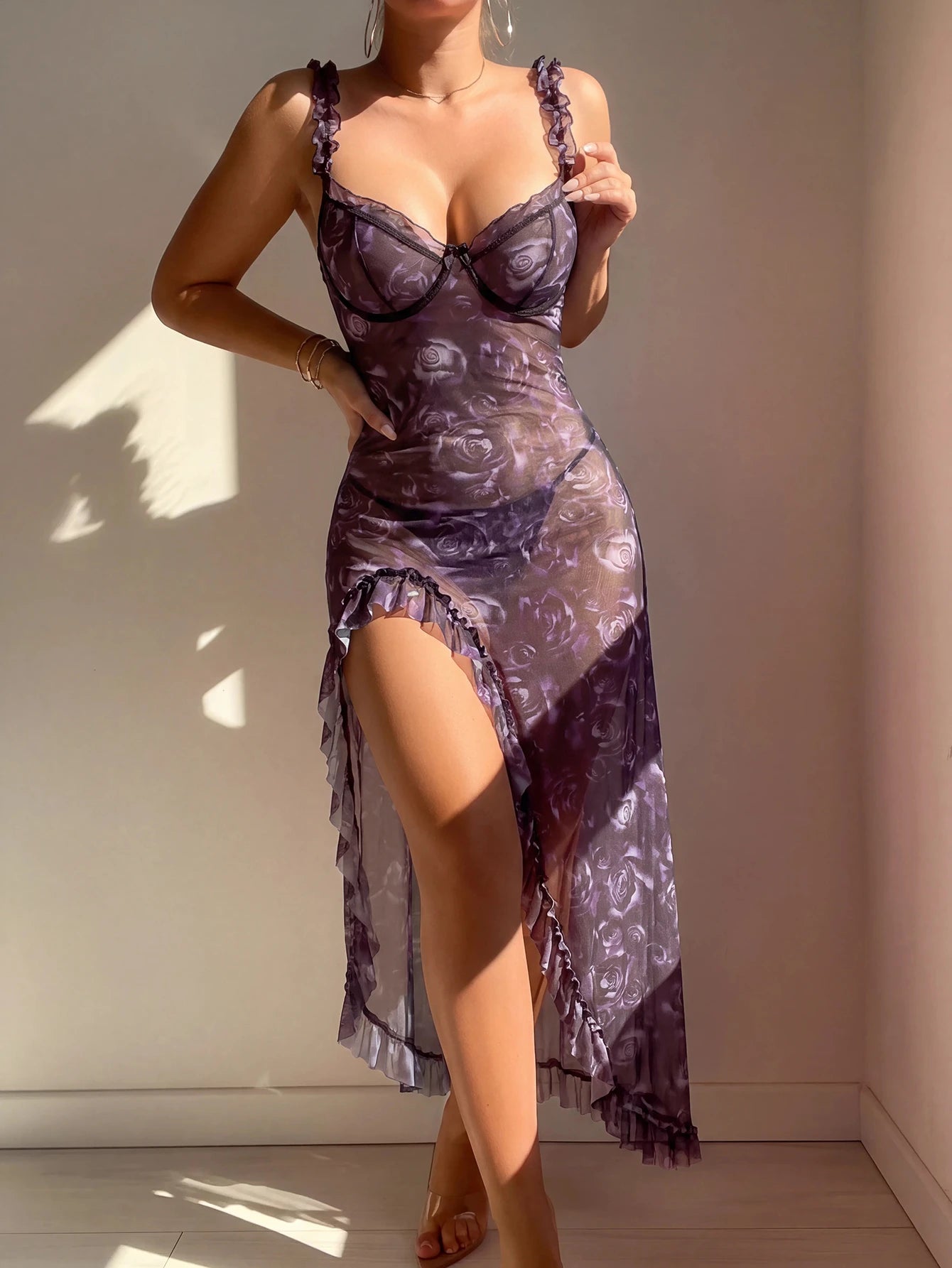 2pc Romantic Floral Print Ruffle High Slit Nightie Set - TFI Lingerie Pakistan - Image 4