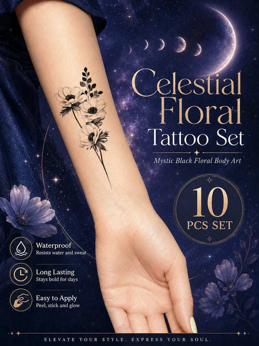 Black Floral Leaf Tattoo Set