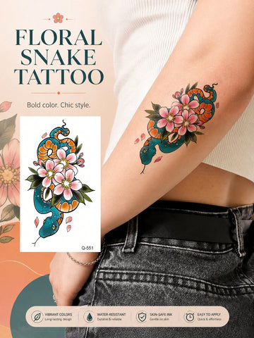 Floral Snake Botanical Tattoo Sticker