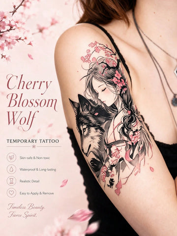 Wolf Girl Floral Gothic Tattoo Sticker