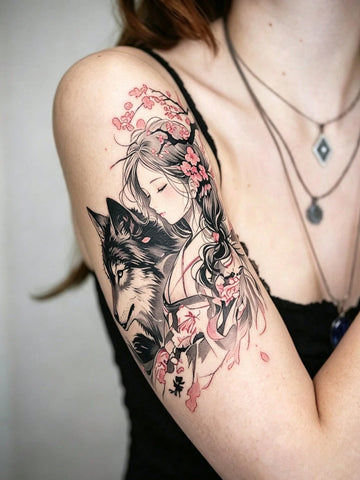 Wolf Girl Floral Gothic Tattoo Sticker