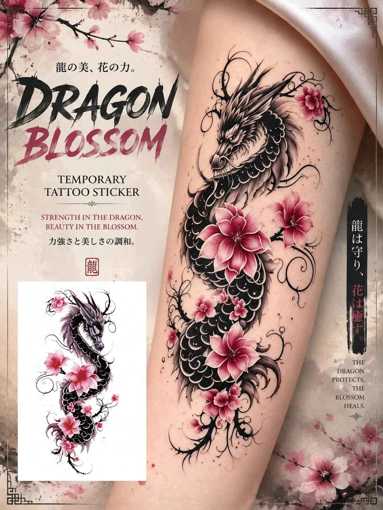 Japanese Dragon Blossom Tattoo Sticker
