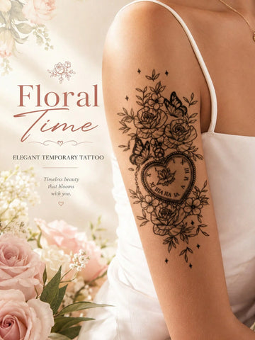Rose Heart Clock Tattoo Sticker