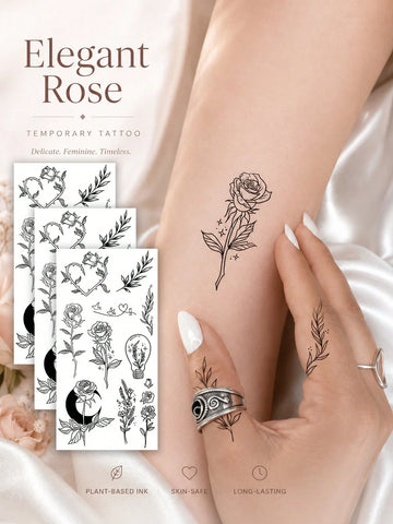 Minimalist Floral Rose Bird Tattoo Set