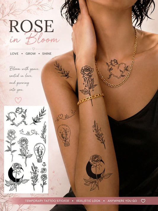 Minimalist Floral Rose Bird Tattoo Set