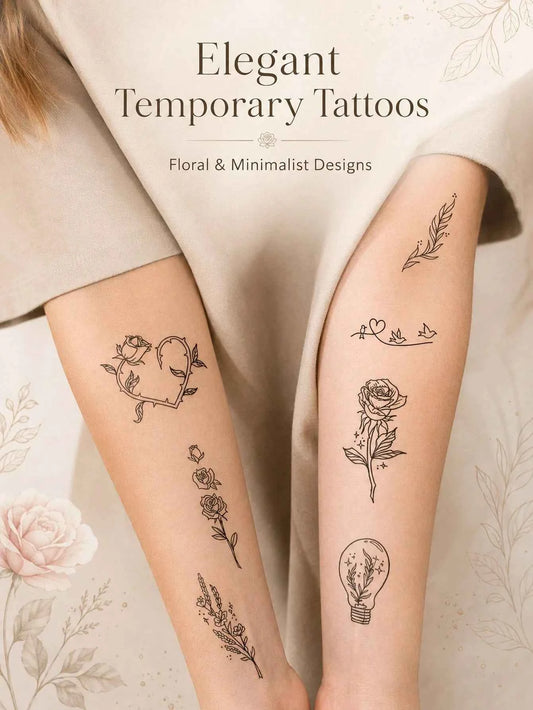 Minimalist Floral Rose Bird Tattoo Set