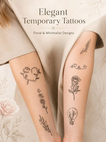 Minimalist Floral Rose Bird Tattoo Set