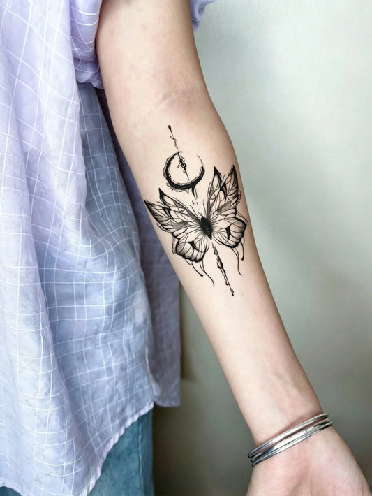 Moth Crescent Moon Gothic Tattoo Sticker