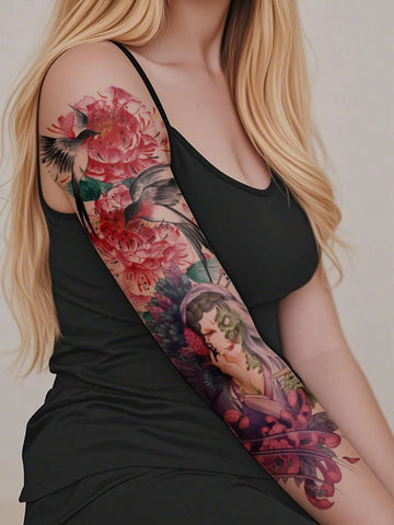 Floral Crane Geisha Full Arm Tattoo Sticker