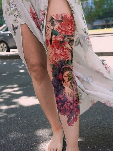 Floral Crane Geisha Full Arm Tattoo Sticker