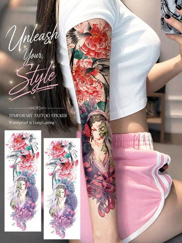 Floral Crane Geisha Full Arm Tattoo Sticker