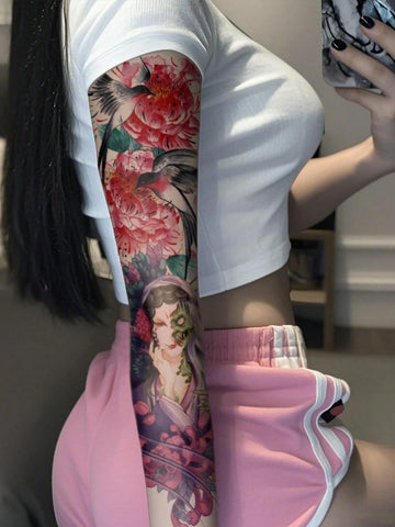 Floral Crane Geisha Full Arm Tattoo Sticker