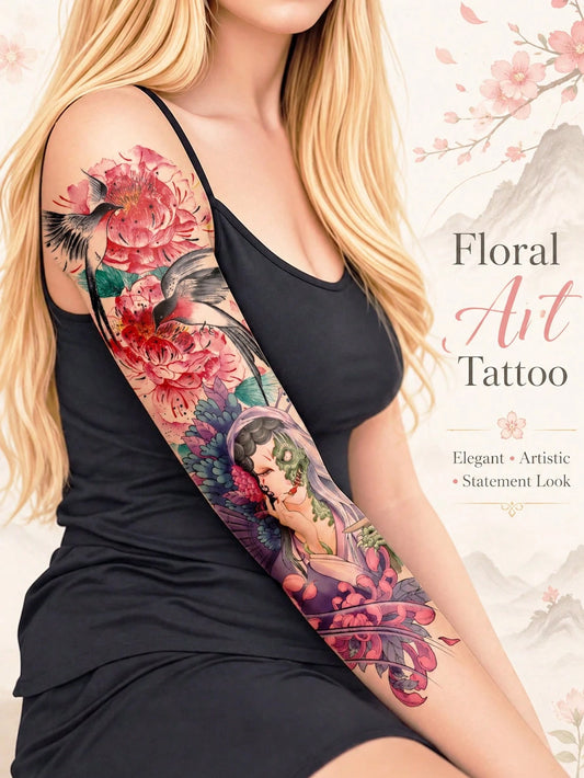 Floral Crane Geisha Full Arm Tattoo Sticker