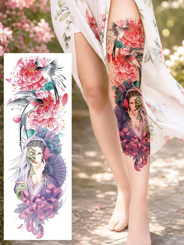 Floral Crane Geisha Full Arm Tattoo Sticker