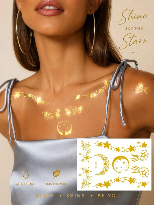 Gold Metallic Moon Star Tattoo Set