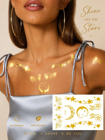 Gold Metallic Moon Star Tattoo Set